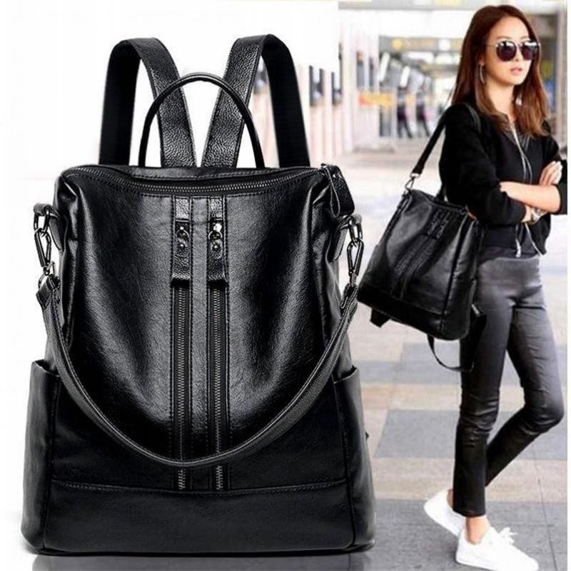 Women Bags For Office - Frauen Weiches Leder Rucksack Schule Schwarz