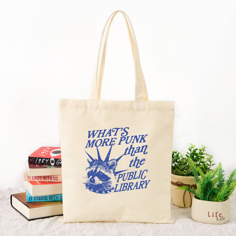 Women Bags For Office Use - Damen-Canvas-Tragetasche, Punk-Waschbär-Bibliothekszitat-Druck-Schulterhandtasche, wiederverwendbare Freizeittasche für Buchliebhaber,